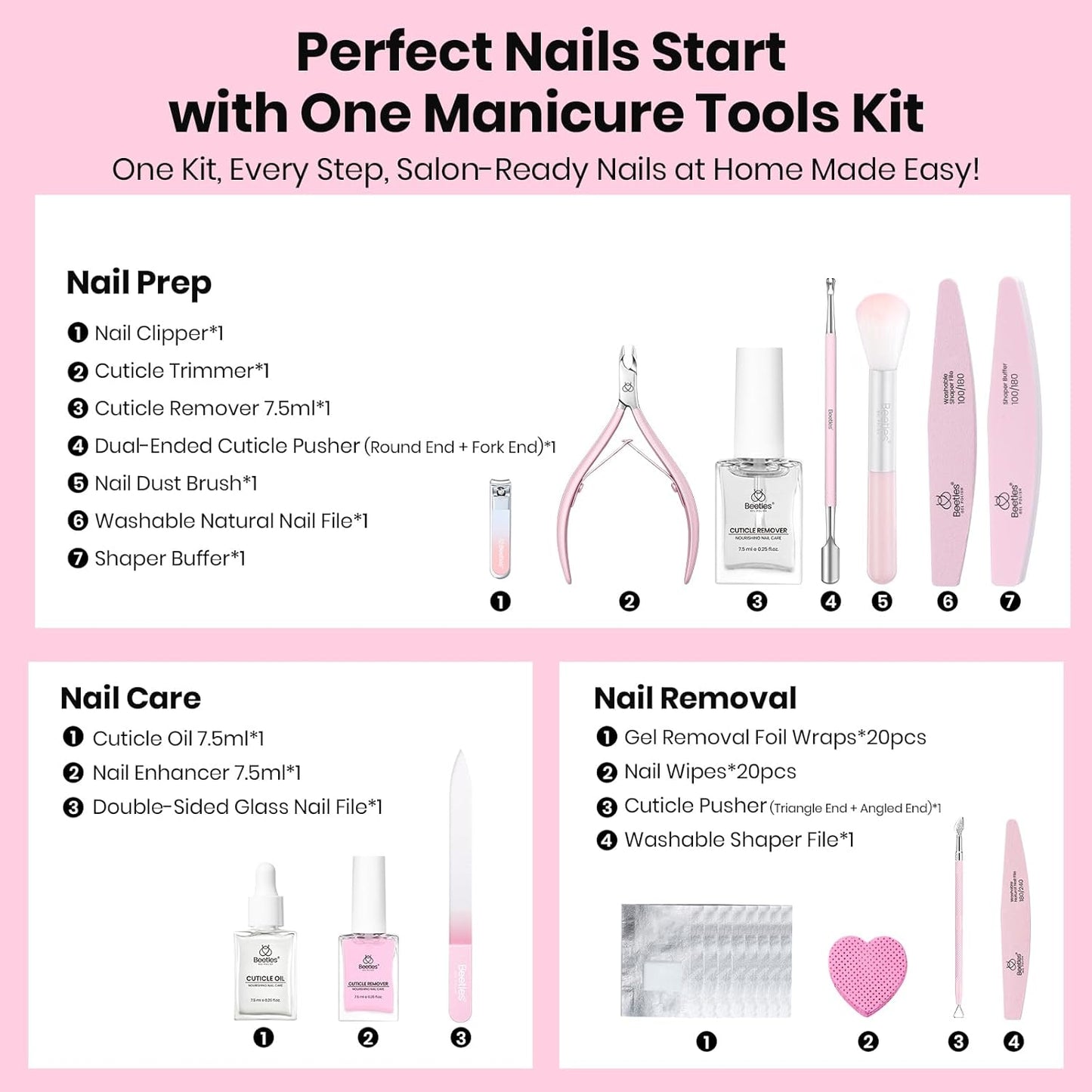 Beetles Gel Polish Remover Kit Nail Care Kit Nail Prep Set Cuticle Oil Cuticle Remover Nails Strengthener 14pcs Manicure Tools Glass Files Removal Foil Wraps Cuticles Trimmer Pushers Gift for Women