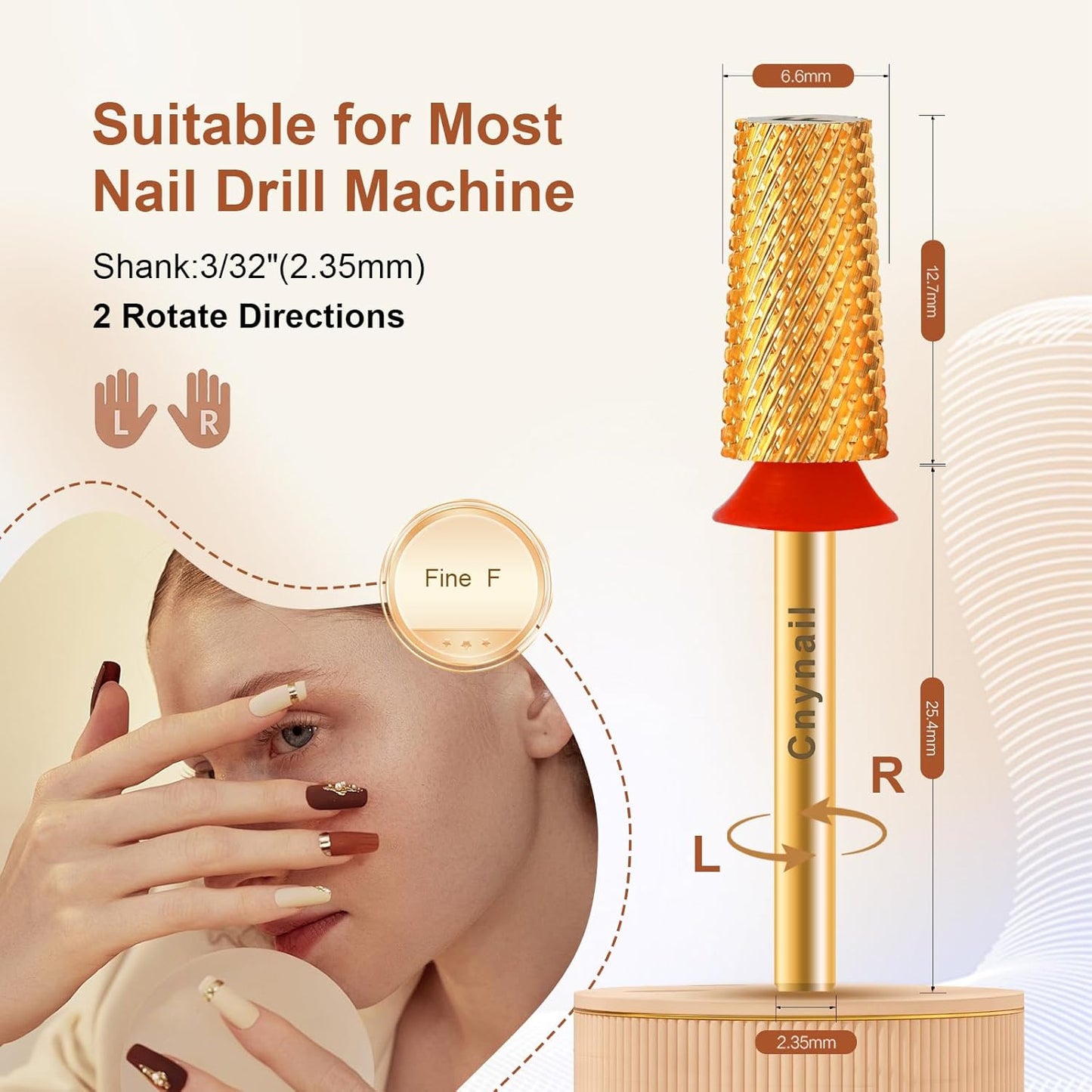 3/32" Large Tapered Barrel Flat Bit Tungsten Carbide Nail Drill Bit Safety Bit for Gel & Acrylic Removal, 2- Way Rotating Efile Tip, Salon Electric File Accessory (F Girt, Gold)