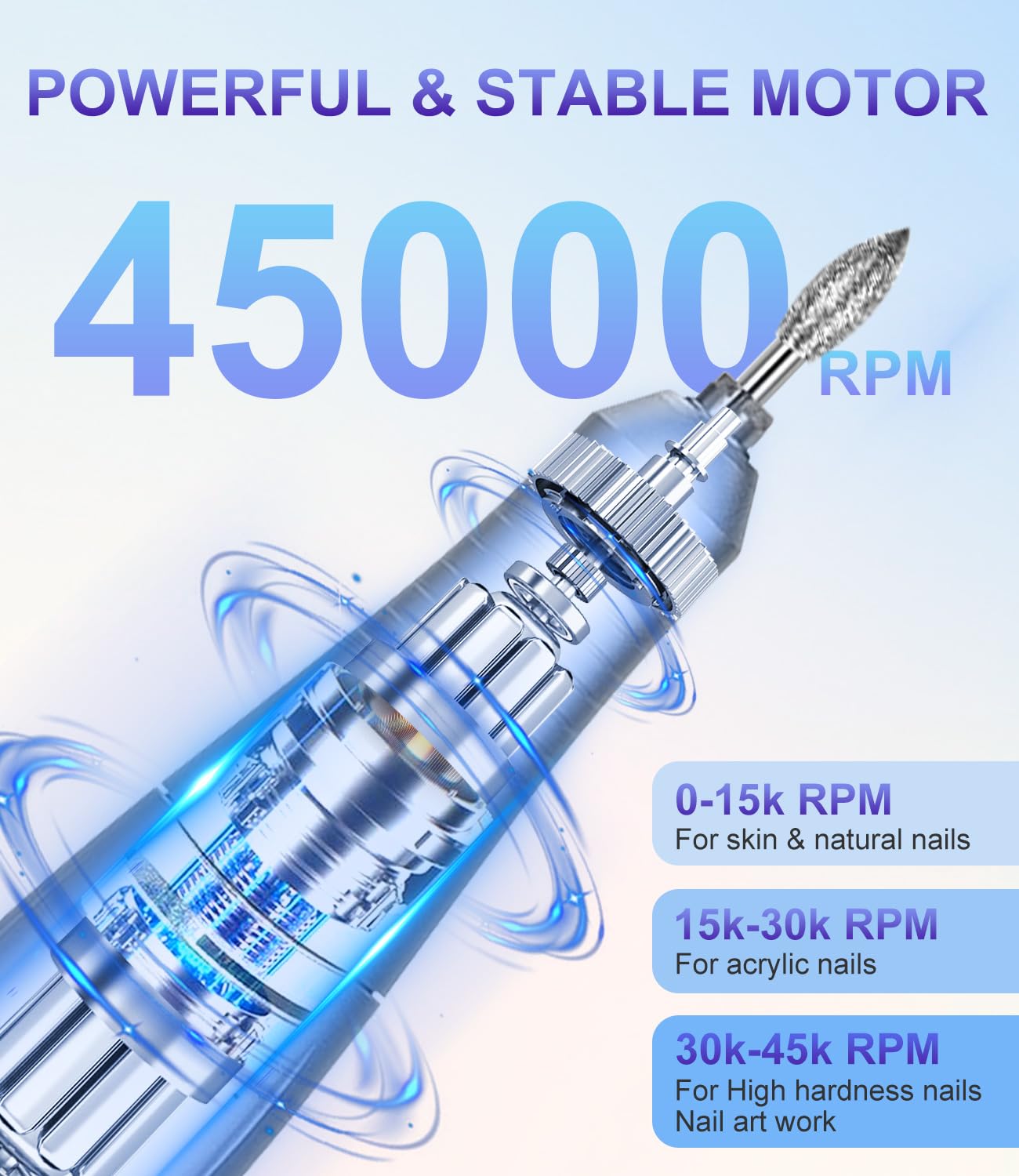 Portable Nail Drill Professional 45000 RPM, Rechargeable Electric Nail File Machine E File for Acrylic Gel Polishing Removing, Cordless E-File with Bits Kit for Manicure Salon Home
