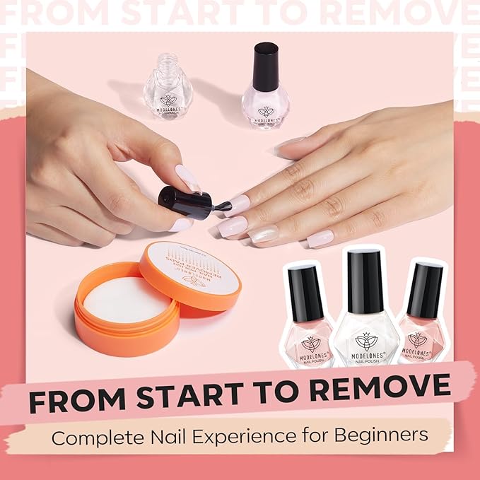 Modelones Nail Polish Set with 42 Pcs Remover Pad and Base and Top Coat, 3 Colors Nude Nail Polish Kit Glitter Finger Bulk Manicure Diy Nail Art Salon Home