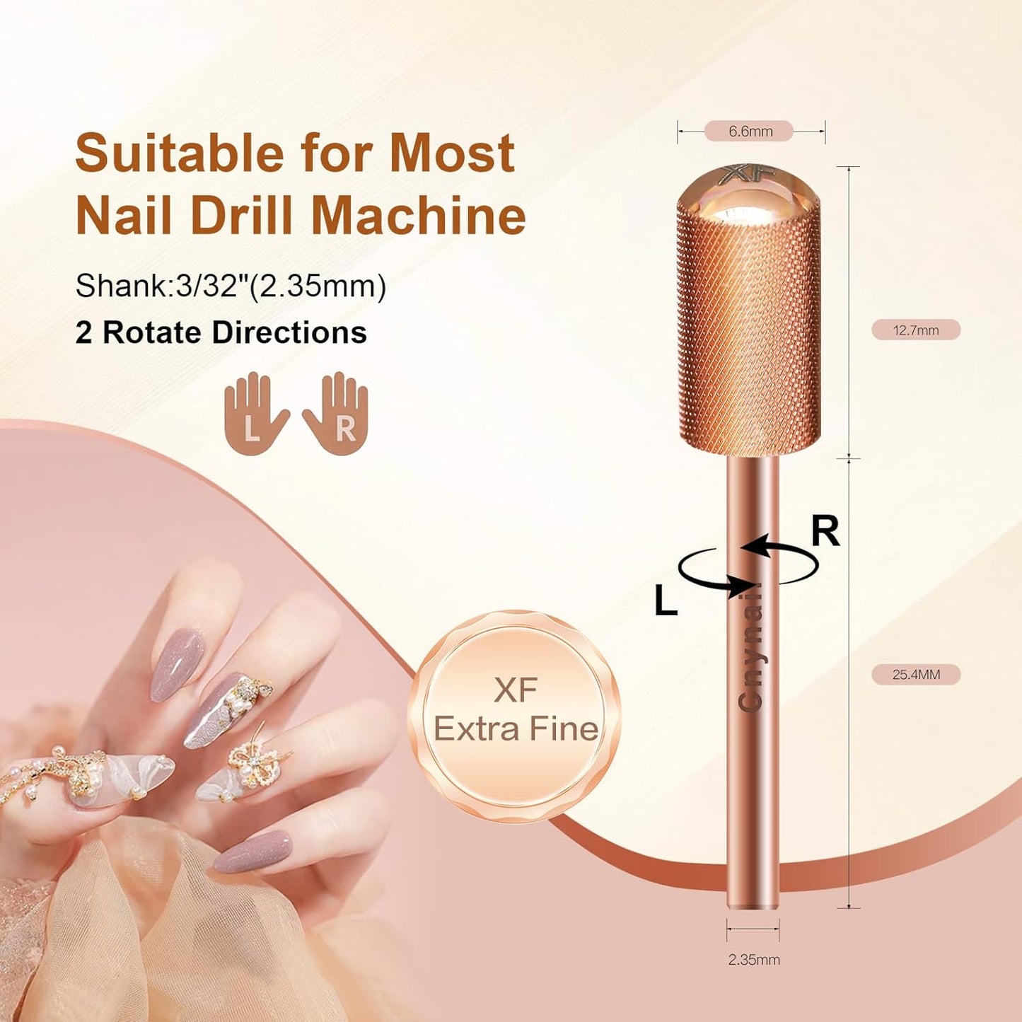 3/32" Large Barrel Smooth Round Top Tungsten Carbide Nail Drill Bit Safety Bit for Gel & Acrylic Removal, 2-Way Rotating Efile Tip, Salon Electric File Accessory (XF Grit, Rose Gold)