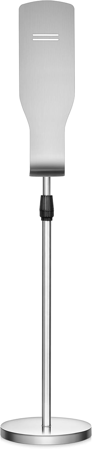 New Star Foodservice 1028881 Freestanding Adjustable Floor Stand for Hand Sanitizer Dispenser with Drip Tray and Weighted Base, Customizable, Stainless Steel, Round Base