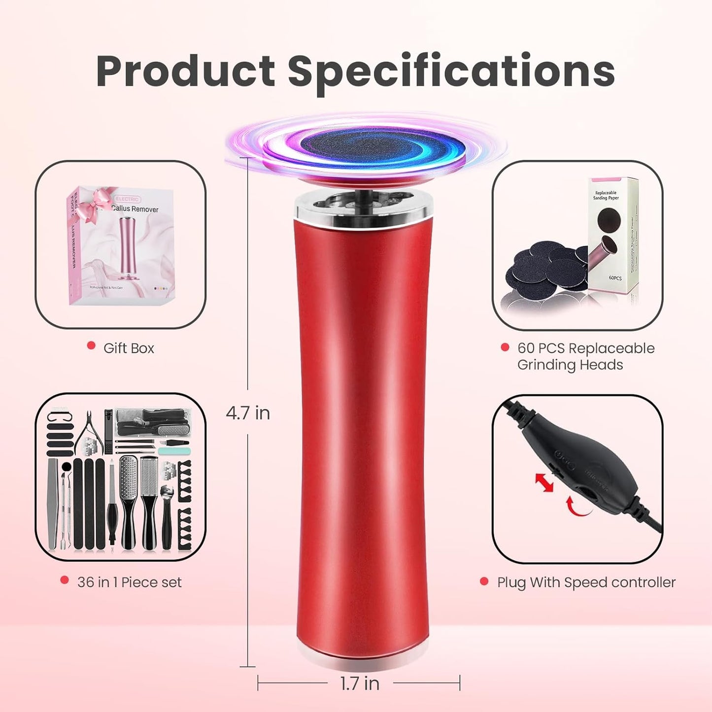 Electric Foot Callus Remover with 36 in 1 Pedicure Kit | Adjustable Speed | Mini Portable | 60 Pcs Sandpaper Discs | Professional Electric Callus Remover for Feet for Dead Skin and Calluses