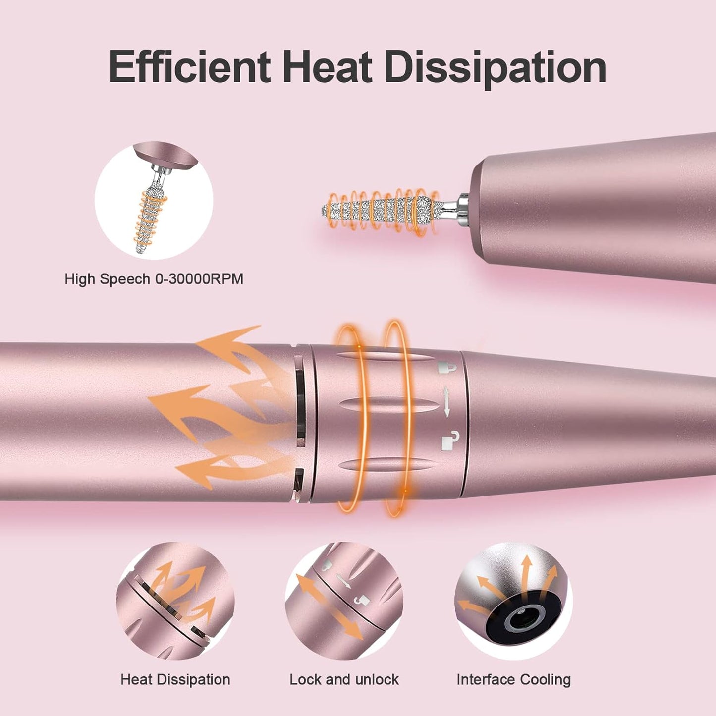 Professional Portable Nail Drill, 30000RPM Rechargeable Electric Nail File Machine Cordless E File Machine Set for Acrylic Nails for Remove Gel Polish Nail for Home & Salon Use,Pink