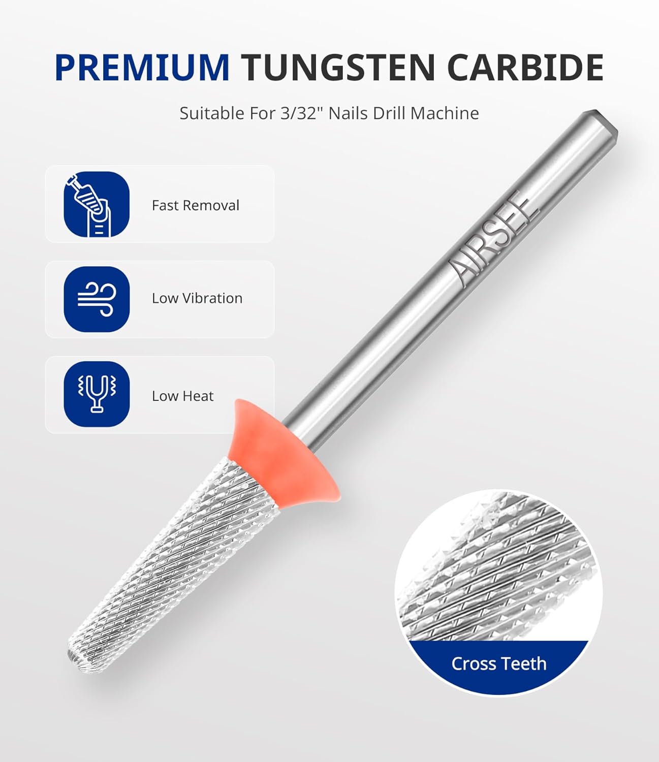 AIRSEE Tungsten Carbide Acrylic Nail Drill Bit Efile Electric File Machine Head Tip for Manicure Polishing Art Remove Gel 3/32" 2 Way Safety Use Ball Top Tapered Bit Cone Shape Fine-F