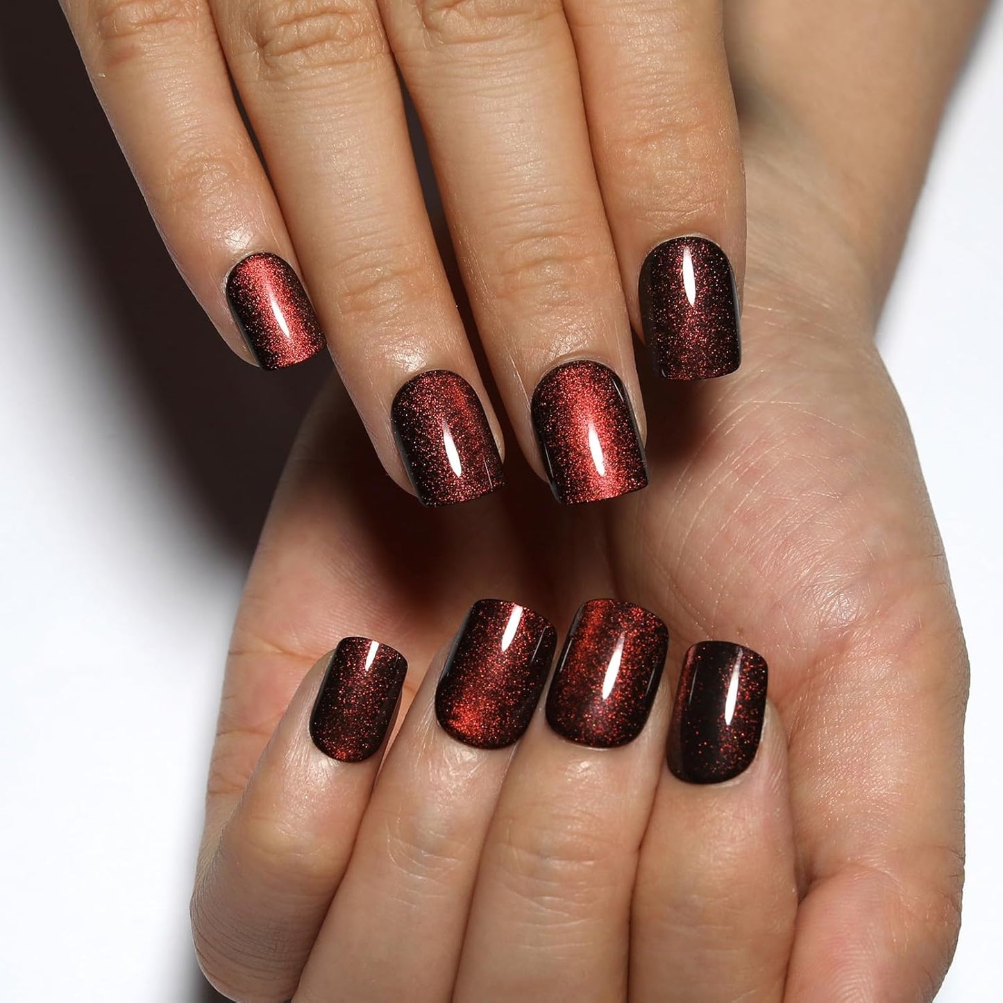Wine Red Press On Nails Short – Square Cat Eye Fake Nails with Color-Shifting Glow, Reusable Stick On Nails, 15 Sizes, 30 Nail Kit with Glue, Thick Glue On Nails for Women, M5-Crimson Spell
