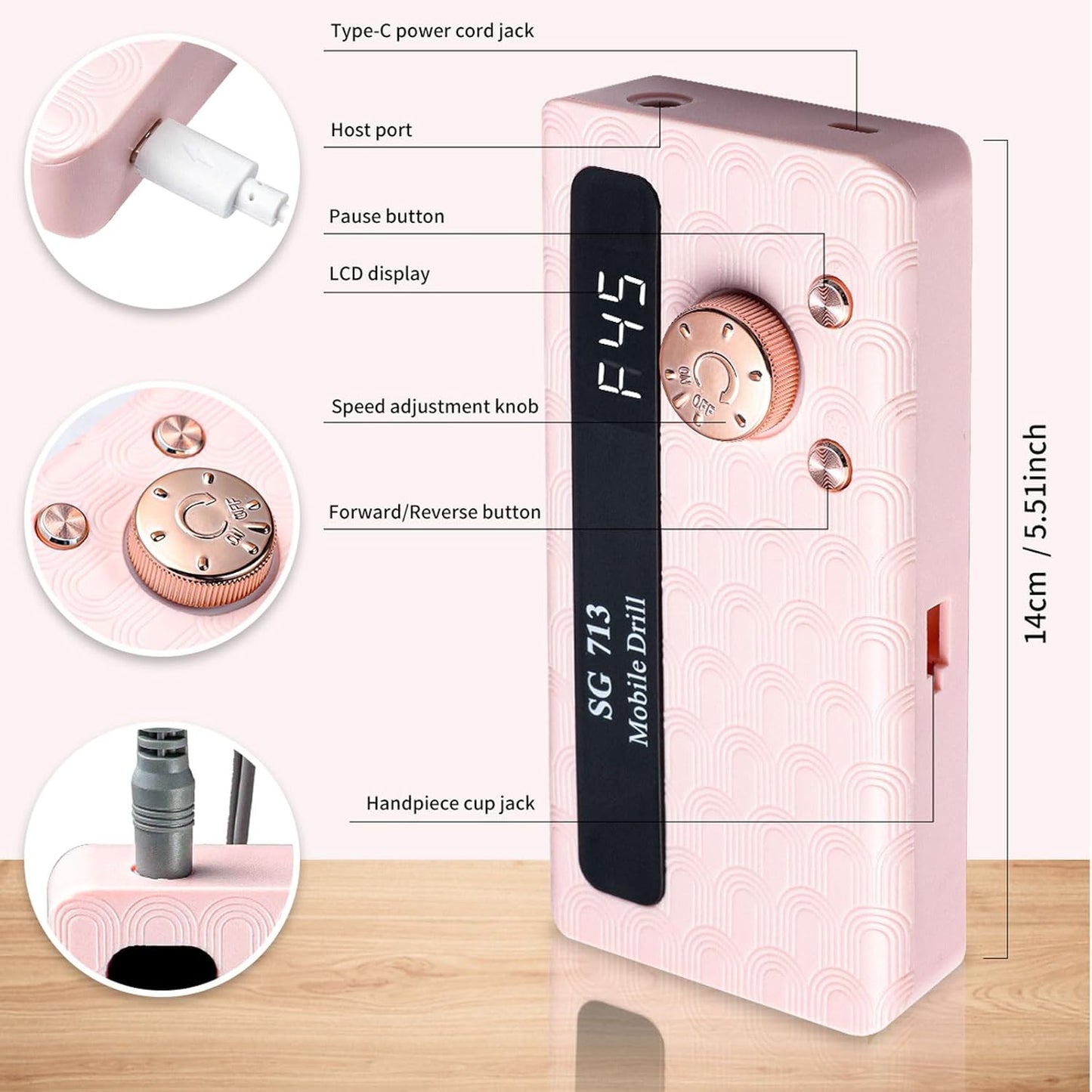 Professional Nail Drill Kit 45000RPM, Portable Electric Nail File with 13 Bits & 56pcs Sanding Bands,LED Screen,Ultra-Silent, Rechargeable Nail Drills Machine for Acrylic Nails Gel Polishing (Pink)