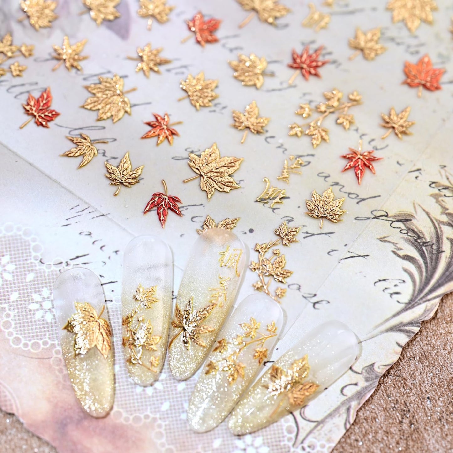 1 Sheets Embossed Fall Nail Stickers for Nail Art 5D Self-Adhesive Gold Maple Leaf Nail Decals Autumn Maple Leaves Nail Art Stickers Thanksgiving Nail Design Sticker for Women Nail Decoration