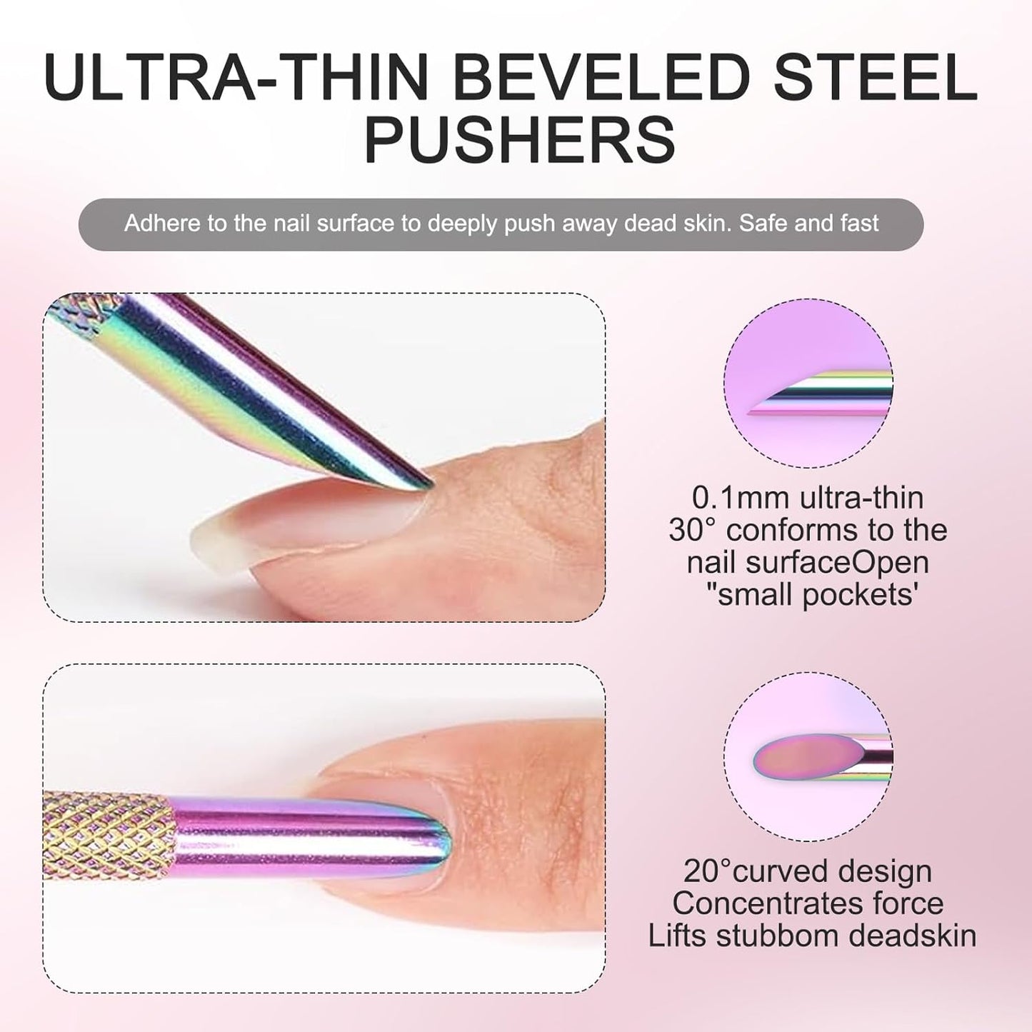 Cuticle Pusher Tool, Stainless Steel Cuticle Remover Tool, Suitable for Salon and Home Use, with 1 Rose Red Leather Storage Case,10 Sandpapers