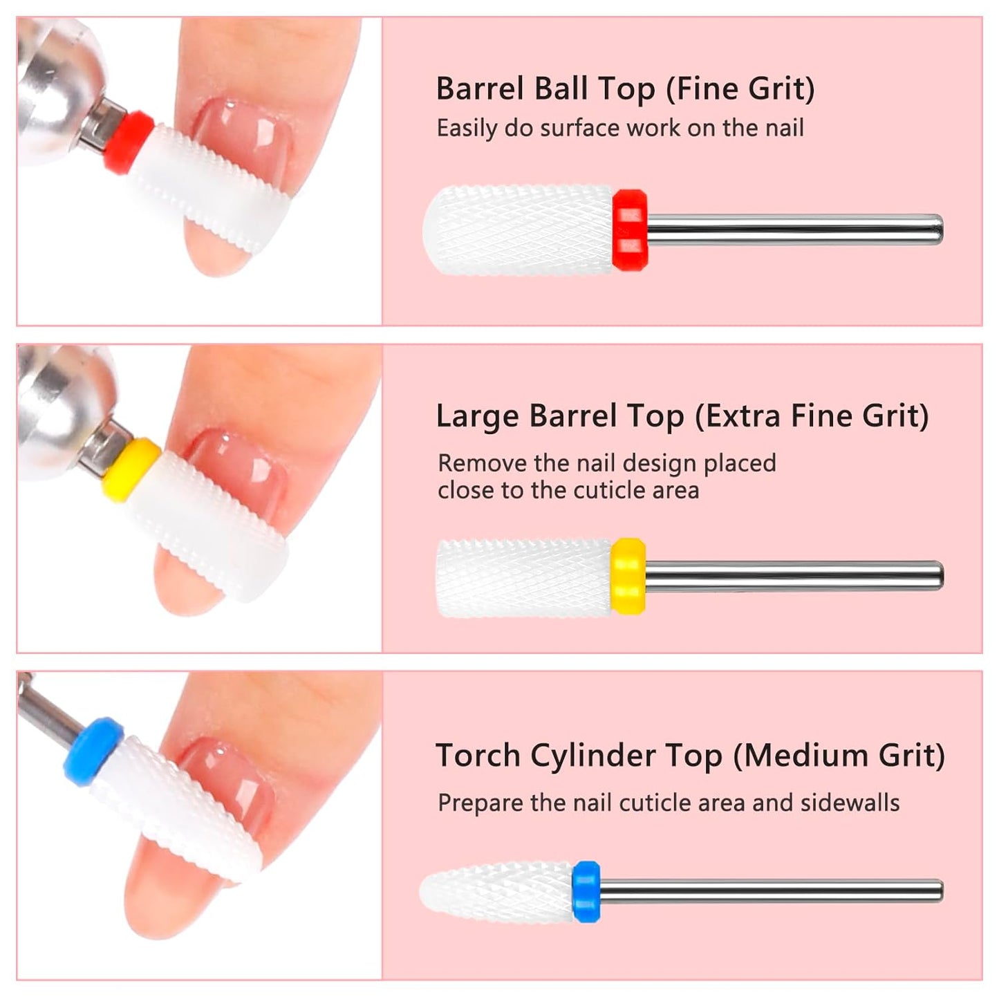 BQAN Nail Drill Bits Set, 6Pcs 3/32 In Drill Bit for Nail Tech Ceramic Bits for Remove Cuticle Acrylic Gel Polish Nail Manicure