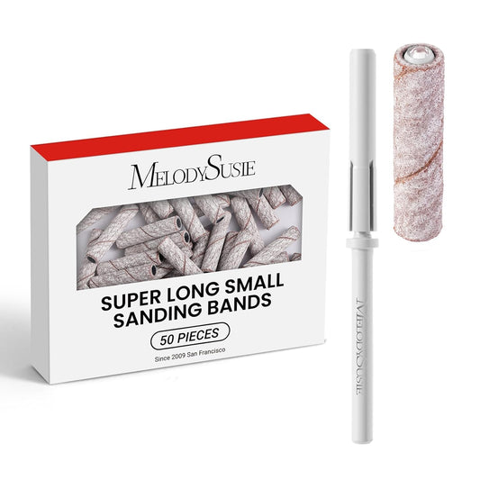 MelodySusie 50 Pcs Nail Drill Bits Super Long Small Sanding Bands with 3.1mm Crystal Mandrel Bit, 240 Extreme Fine Grit Nail File for Acrylic Nails Gel Manicures and Pedicure, Zebra