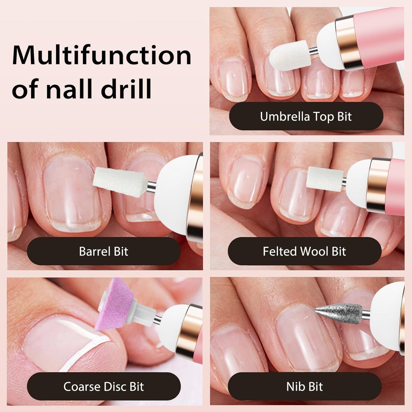 Portable Electric Nail Drill with LED Light, Gentle Power Beginner-Friendly Nail Grinder for Dead Skin Removal and Polishing, Cordless Manicure Pedicure Tool with Accessories Kit for Home Use (Pink)