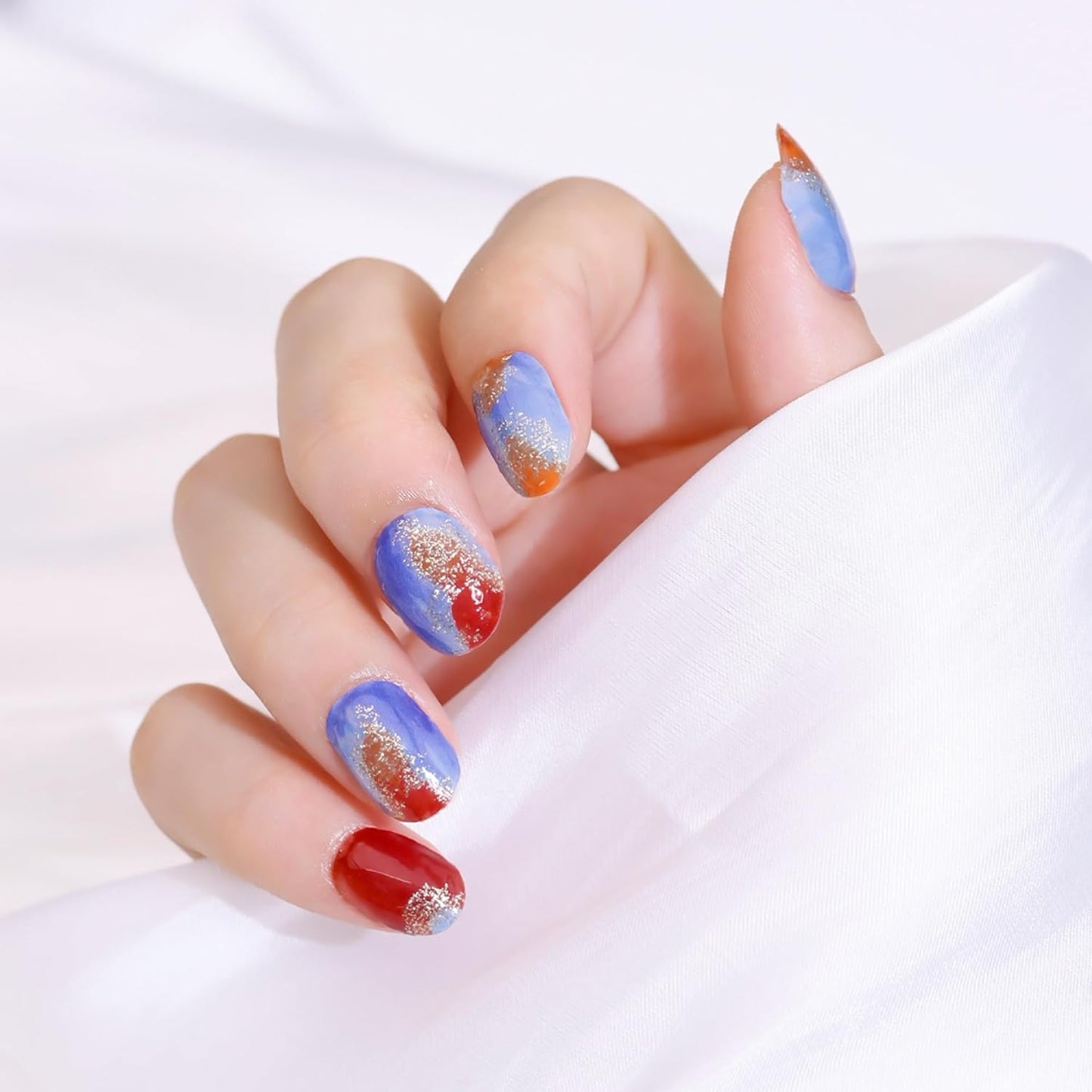 Semi Cured Gel Nail Strips-Blue Sky Press on Nails with Red Clouds Aurora Shimmer & Color Shifting Glitter, Coffin Semi Cured Gel Nail Strips, Dreamy Nail Art(Dreamscape Gradient)