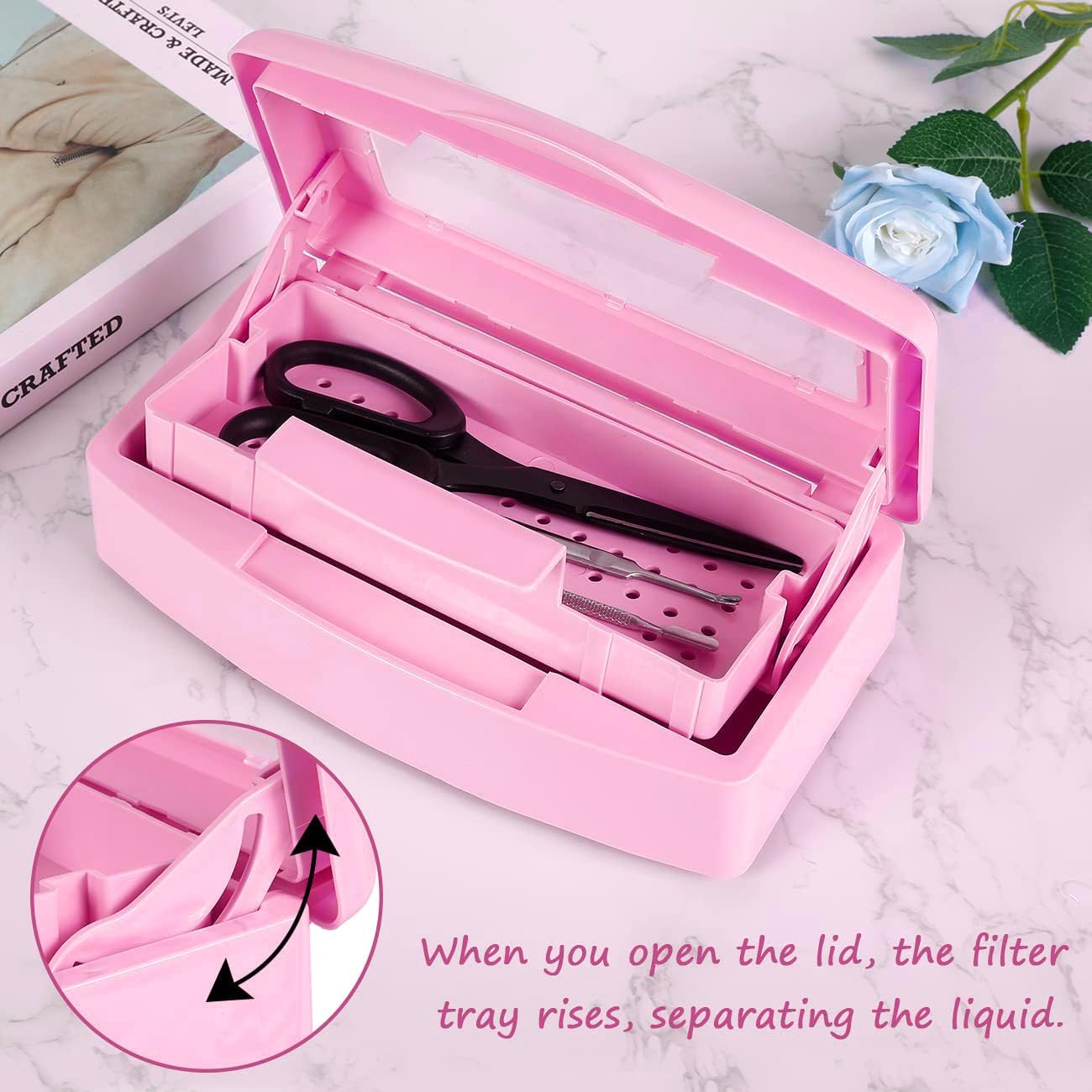 Gusnilo Sanitizing Tray - Disinfectant Container Nail Tool Sterilizer Box Plastic Sanitizing Box for Nail Tools, Hair Salon,Spa (Clear Lid, Pink)
