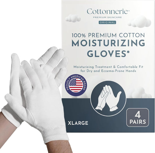 4 Pairs Cottonnerie Original Cotton Gloves for Dry Hands Sleeping, Moisturizing Gloves Overnight, Hand Moisturizer Gloves, Moisture Gloves for Dry Hands Overnight, Sleeping Gloves, X-Large