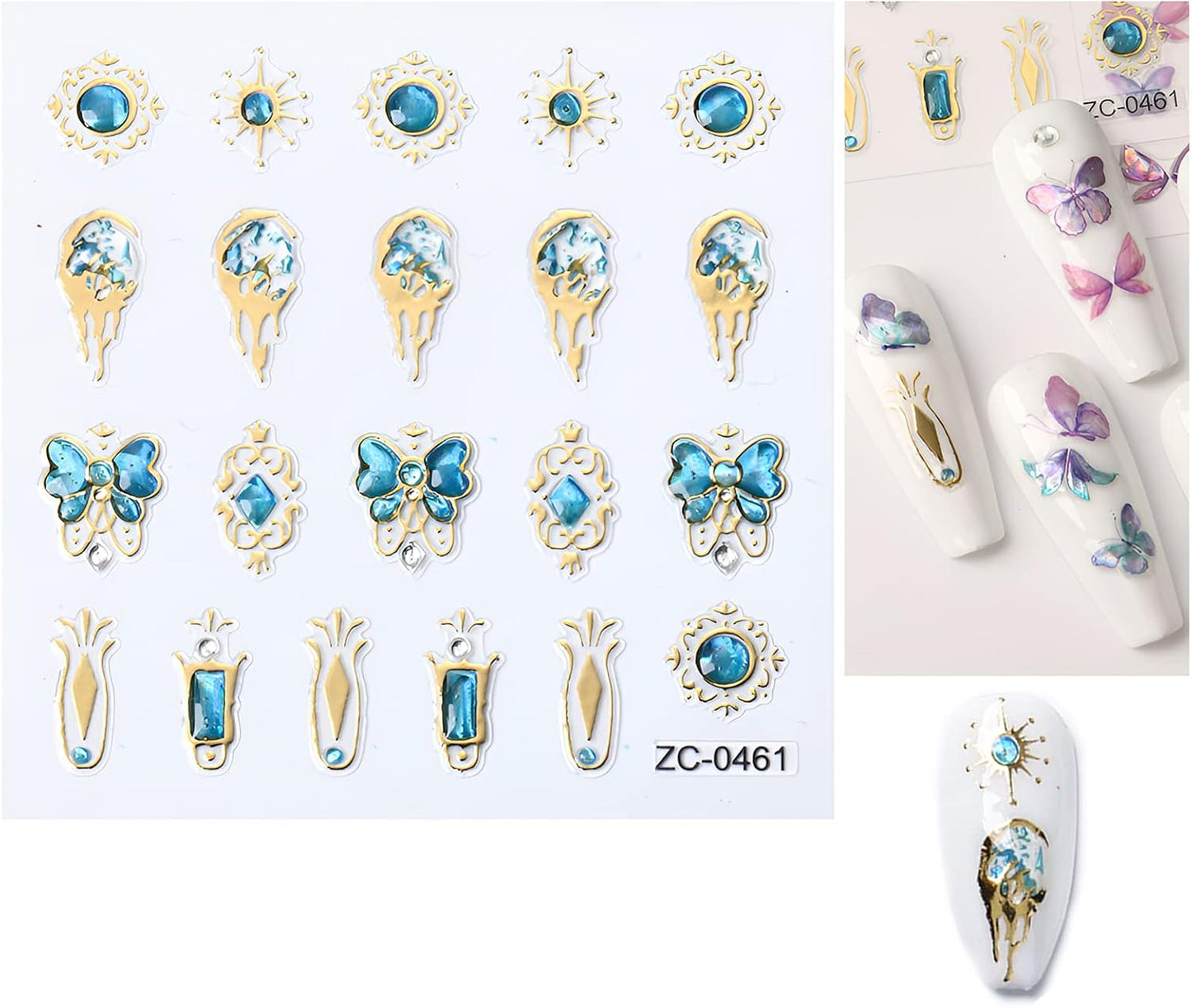 5 Sheets 5D Bronzing Nail Art Stickers Decals,Fishtail Shell Embossed Self-Adhesive Nail Sticker Gemstone Flower Heart Sun Gold Metal Design Nail Art Supplies for Nail DIY Decoration for Women