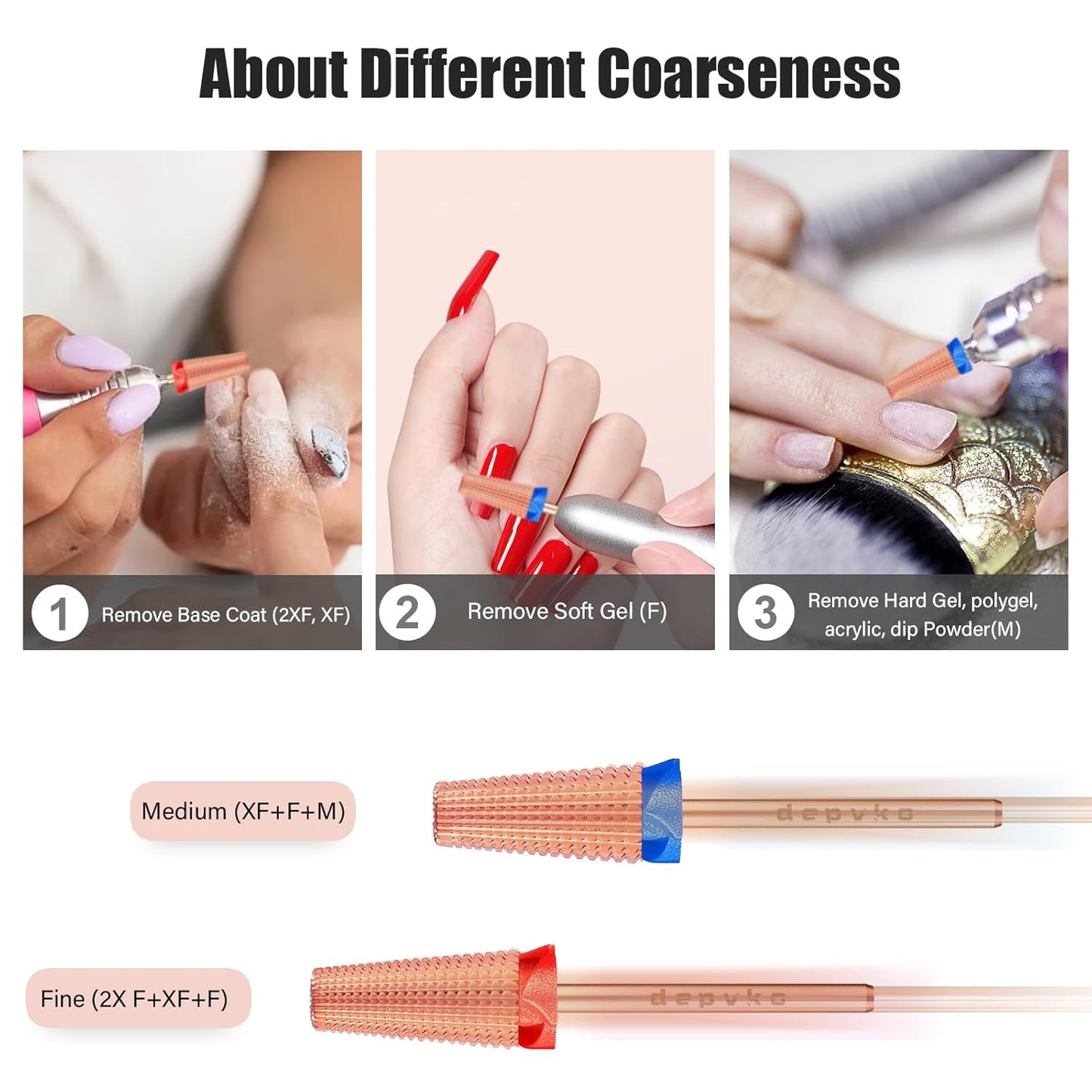 Depvko Super Long 5 in 1 Nail Drill Bits, 3/32'' Carbide Tungsten Bits, Two Way Rotate Professional Advanced Safety Bits for Nail, Fast Remove for Manicure Pedicure (Classic 5in1-Rose Gold, Medium-M)