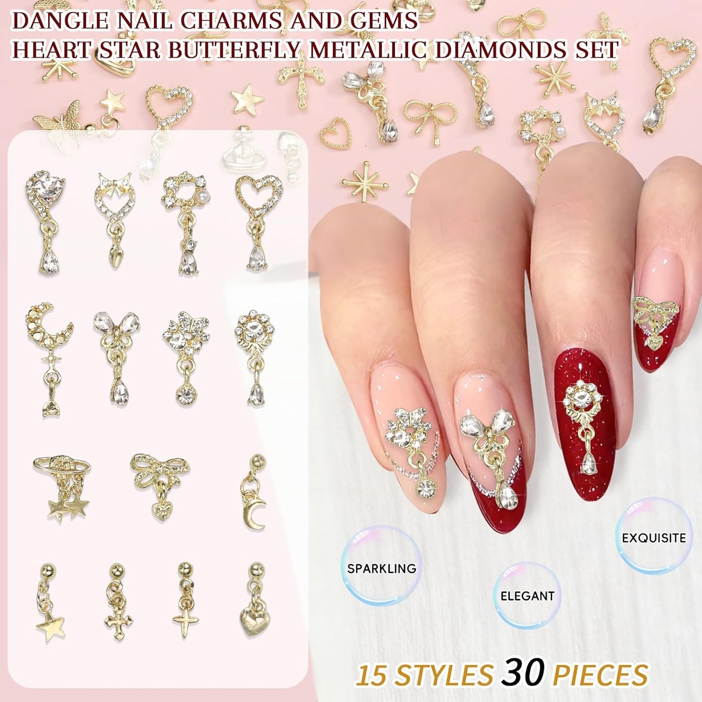 100Pcs Dangle Gold Nail Charms, Gold Cross Star Heart Crown Planet Bows Butterfly Nail Gems Charms, Golden Nails Art Supplies Women DIY Accessories