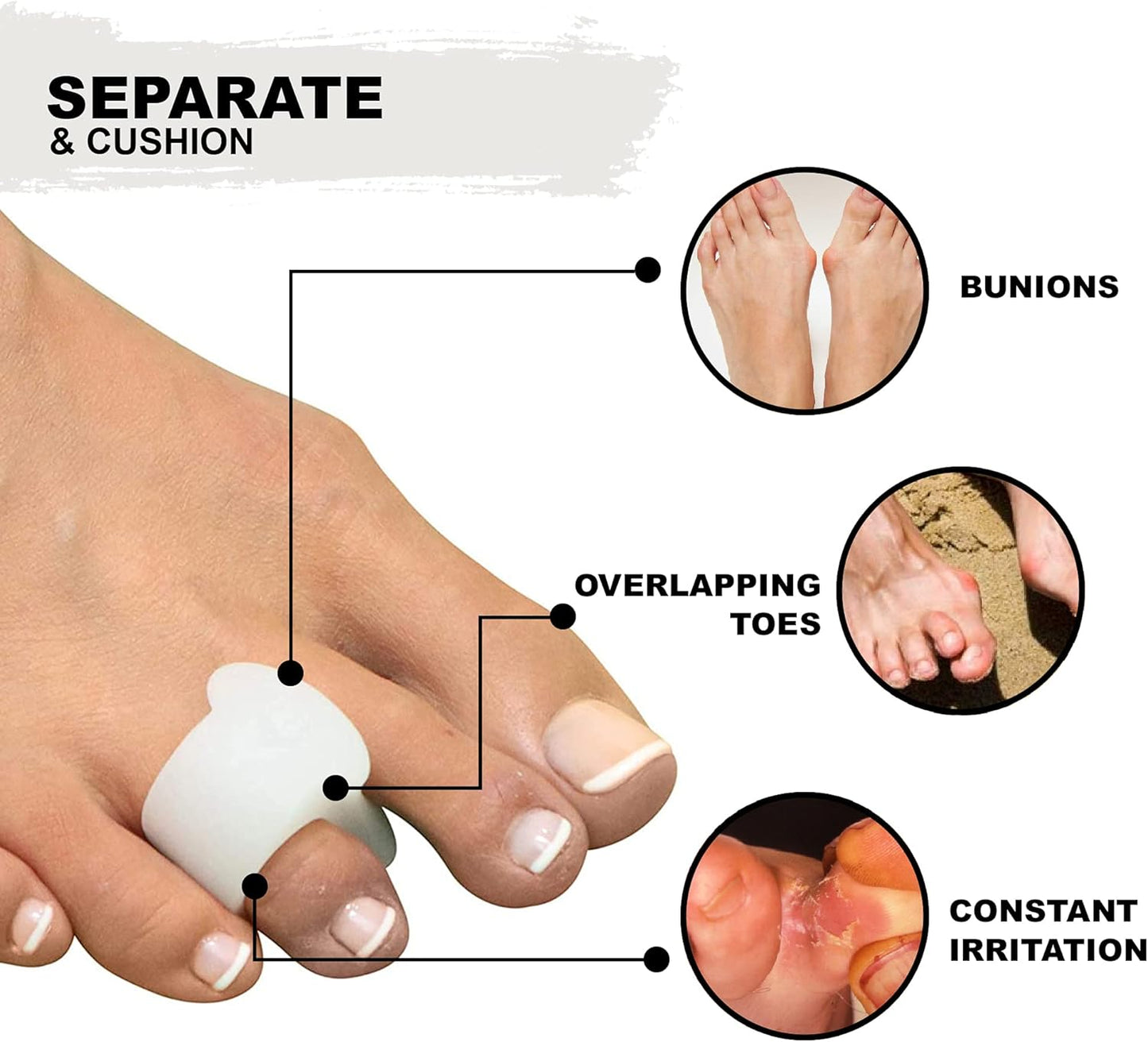 Mars Wellness Gel Toe Separator and Toe Spacers - Bunion, Hammer Toe, Overlapping Toes, Toe Spreader and Toe Corrector for Men and Women - 4 Pack - White Large