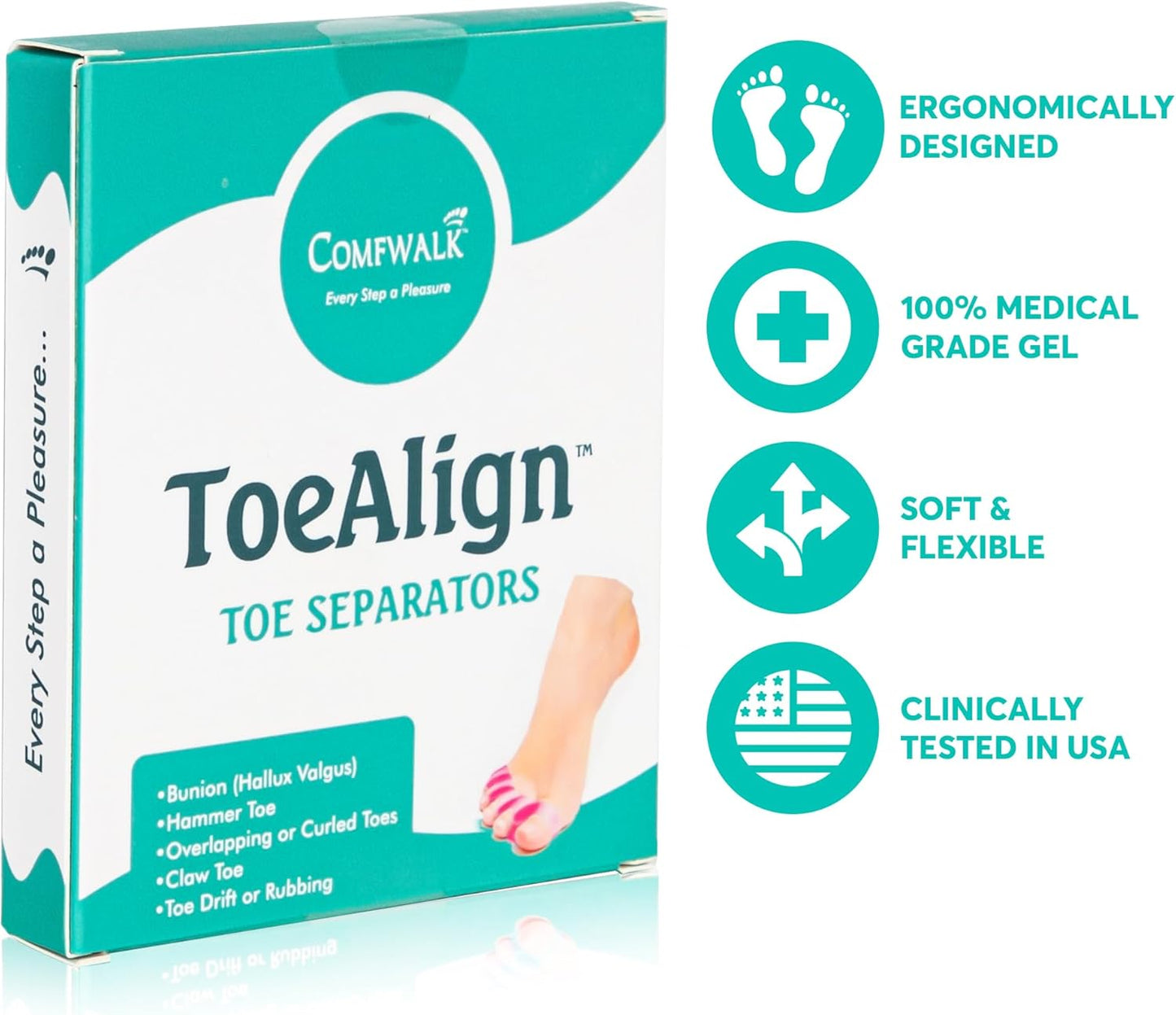 Comfwalk® ToeAlign™ – Toe Separators for Men & Women – Toe Straightener Stretcher – Corrects Bunions, Overlapping Toes, Hammer Toes, Claw Toes – Soft Medical-Grade Silicone Toe Spacers (Pink)