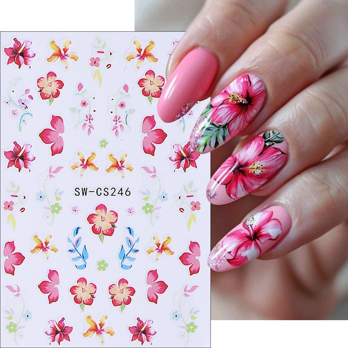 6Sheets Flower Nail Stickers Retro Style Floral Nail Art Stickers Spring Summer Nails Decals Cherry Blossom Kapok Daisy Nails Design Supplies Colorful Flower Sticker for Women Acrylic Manicure Decor
