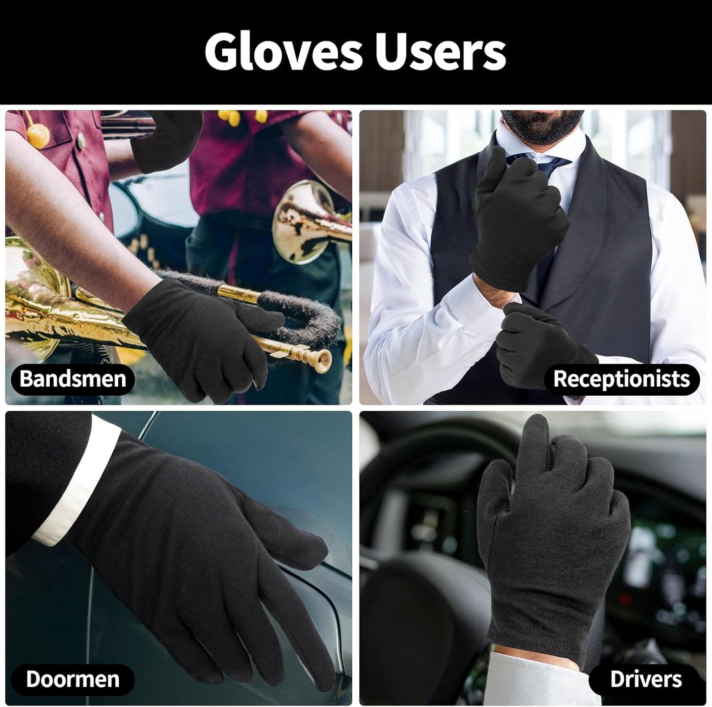 5 Pairs Small Black Cotton Gloves for Dry Hands Sleeping, Black Work Gloves for Coin Handling, Jewelry, Photography for Men and Women, with 20 Touchscreen Stickers