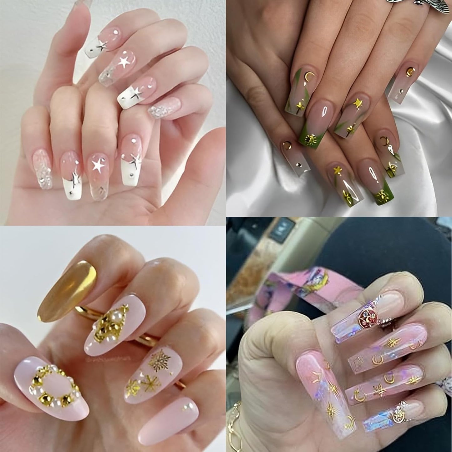 400Pcs Star Moon Nail Charms 3D Gold Silver Metallic Cross Star Nail Art Charms Star Nail Jewelry Decorations Manicure Kit Nails Art Supplies Accessories for Women Girls Acrylic Nails Decor