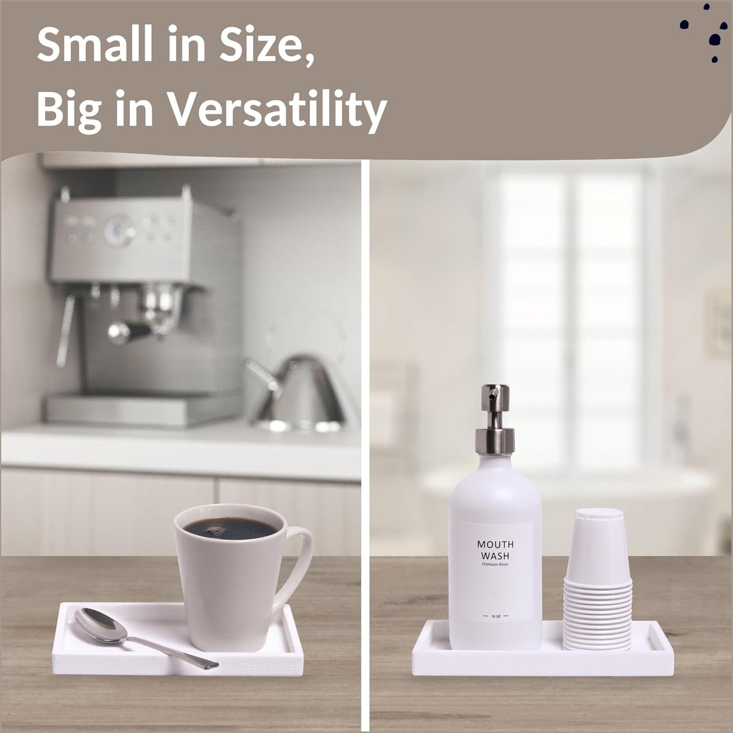 Countertop and Vanity Tray - Small 7.7” Silicone Tray for Soap Dispenser, Bathroom Trays, Dish Soap Trays for Kitchen Counter, Sink Caddy Sinks Organizer, Soaps Dish & Sponge Holder, White