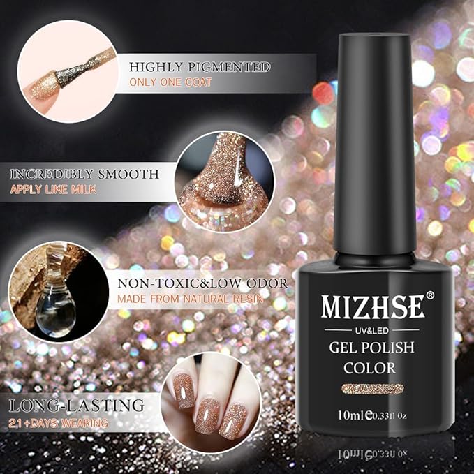 MIZHSE Reflective Gel Nail Polish, Glitter Gold Gel Polish, Sparkly Shiny Nail Effect Soak Off Nail Art Varnish for Beginners DIY at Home