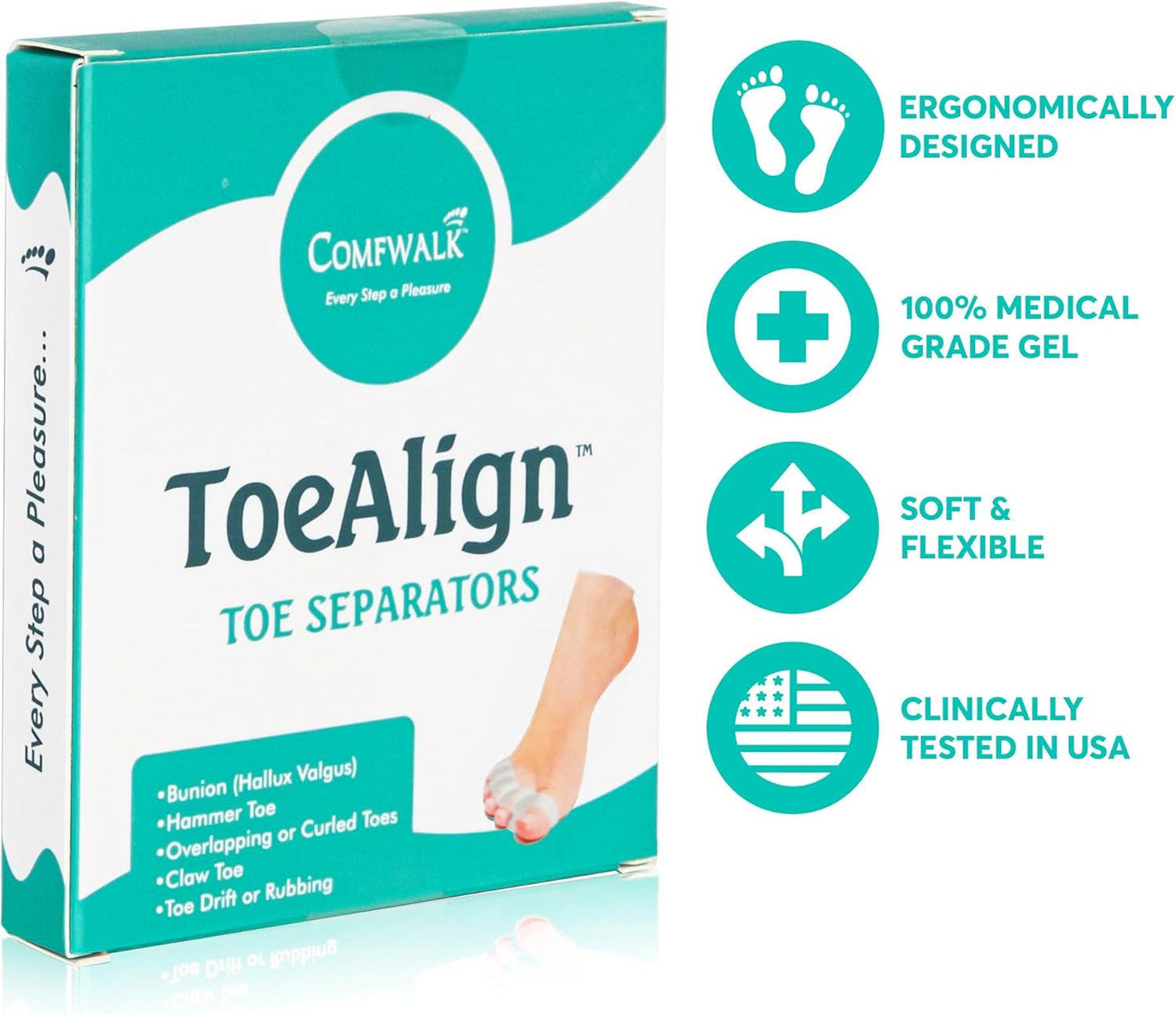Comfwalk® ToeAlign™ – Toe Separators for Men & Women – Toe Straightener Stretcher – Corrects Bunions, Overlapping Toes, Hammer Toes, Claw Toes – Soft Medical-Grade Silicone Toe Spacers (Transparent)