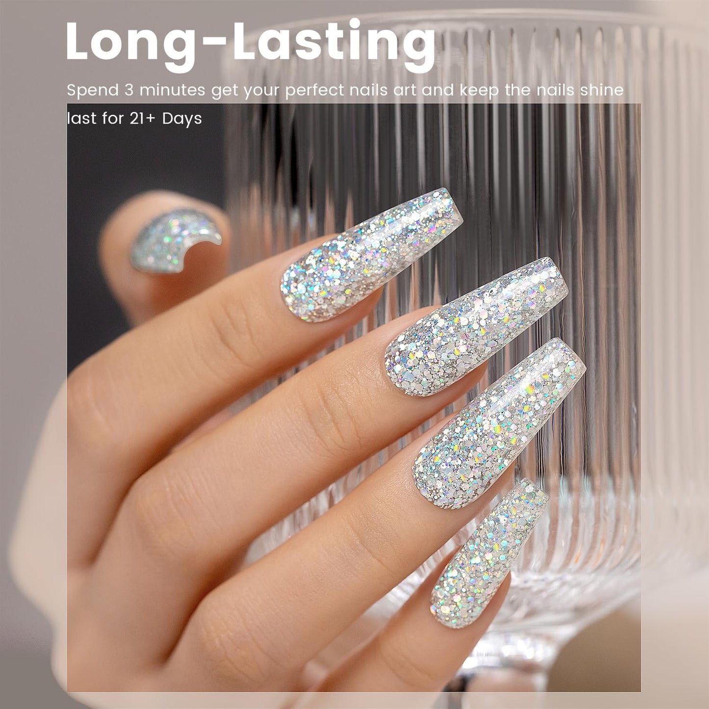 RARJSM Silver Glitter Gel Nail Polish Diamond Gelpolish Silver White Big Flakes Sparkly Chunky Iridescent Pigments Nail Gel Polish Soak off L e d U V Curing Required for Nail Art Salon Manicure