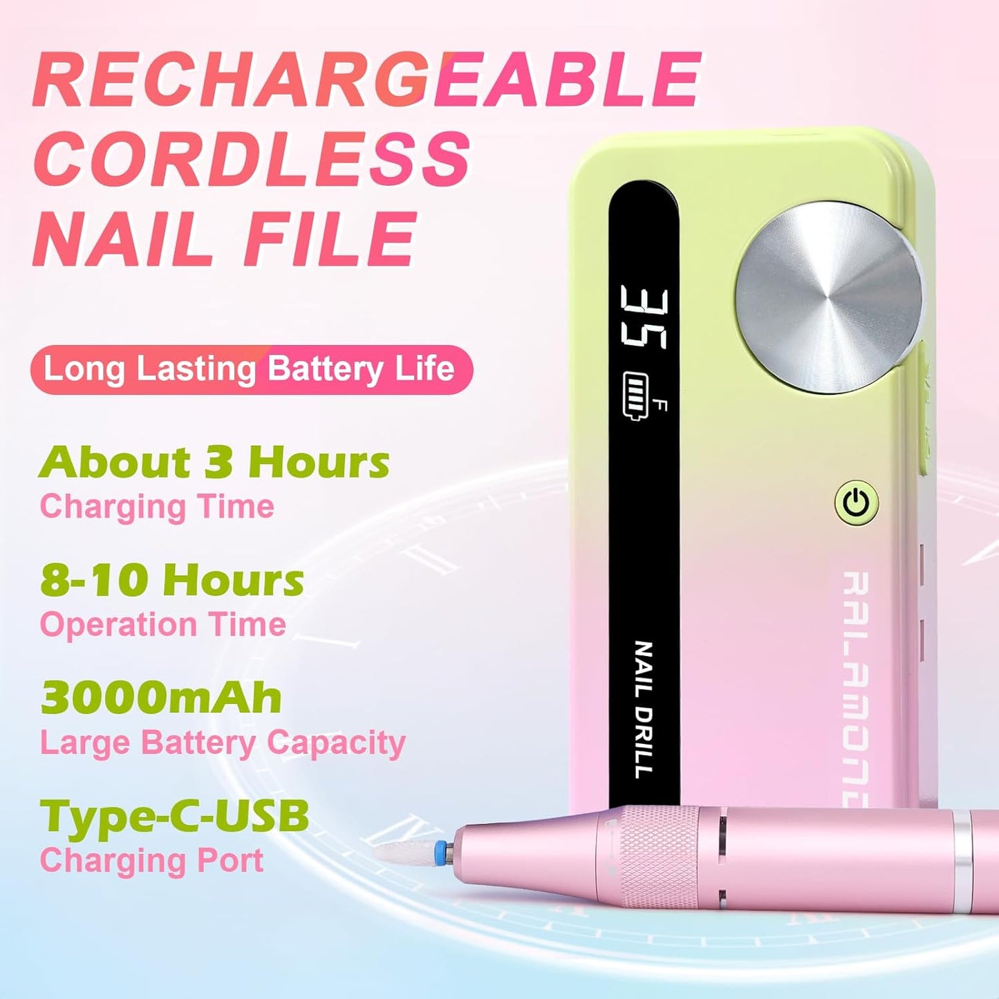 Electric Nail File, 35000RPM Nail Drill Kit with Bits, Professional Nail Drill Cordless for Acrylic Nails, Portable Rechargeable Nail Filer Electric, Efile Nail Drill Acrylic Nails Tool (Yellow Pink)