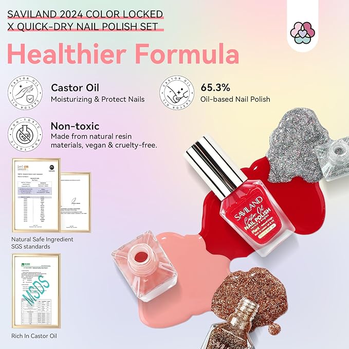 SAVILAND Finger Nail Polish Set: 6pcs Classic Quick Dry Nail Polish Kit Color Locked X Tech White Black Red Pink Brown Bulk Toenail Polish Castor Oil Nail Lacquer Salon Tech Manicure Pedicure Home
