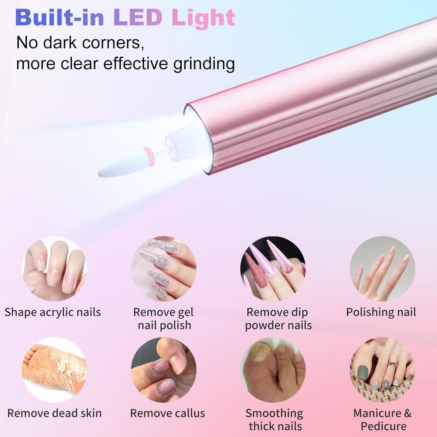 Cordless Electric Nail Drill with UV Light Lamp, 14 in 1 Electric Nail File Drill, 5 Speed LCD Display Rechargeable Professional Manicure Pedicure Kit(Gold) (Pink Blue)