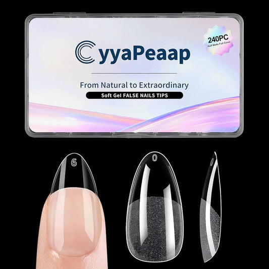 Medium Almond Nail Tips Soft Gel Nail Tips 240Pcs Pre-Shaped Pointed Almond Nails Half Matte Full Cover Acrylic Clear Fake Nails Tips for Extension Nail Art DIY Manicure Salon 12 Sizes