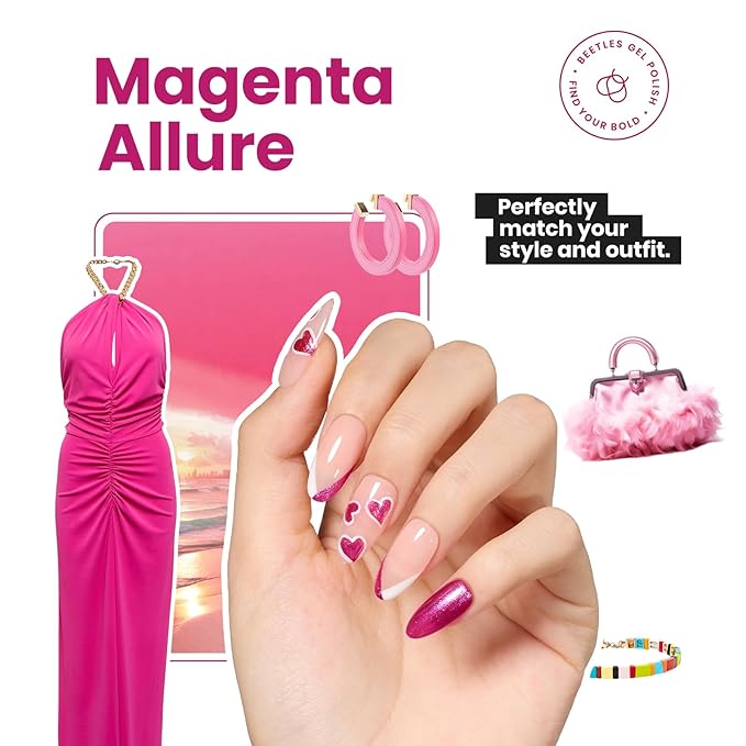 Beetles Hot Pink Nail Polish 15ml, Fast Drying & Long Lasting Glitter Nail Polish Pink Nail Lacquer Glossy for DIY Nail Salon-Quality Results