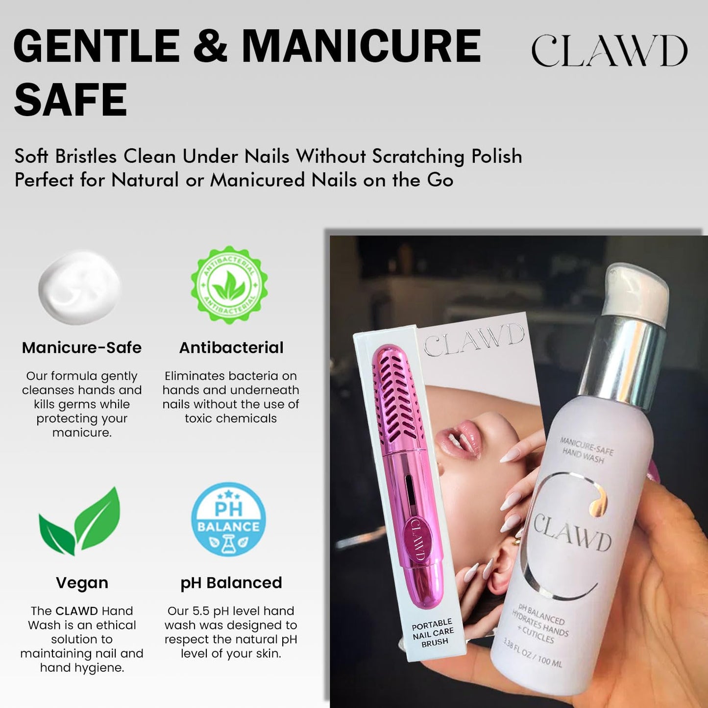 Pink Nail Brush for Cleaning Fingernails & Manicure Safe Antibacterial Hand Wash – Portable Soft Bristle Nail Scrubber with Keychain with 100ml Moisturizing Hand Soap