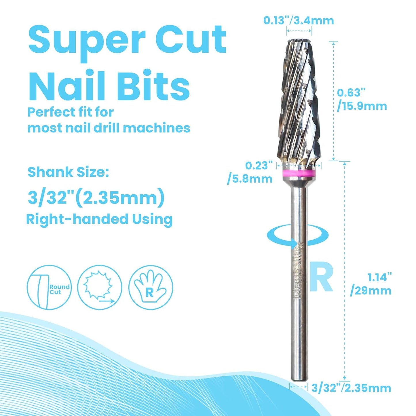 Super Cut 5 In 1 Nail Drill Bits, Tapered Barrel 3/32'' Safety Tungsten Bits, Upward Cut for Hard Gel Removal, Right Hand Use, Manicure Cuticle Gel Polishing, Technicians Bits, Triple Coarse.