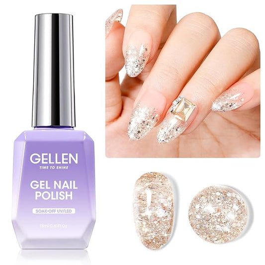 GELLEN Gold Glitter Gel Polish 18ml Gold, Soak off U V LED Reflective Glitter Gel Polish, Color No.872