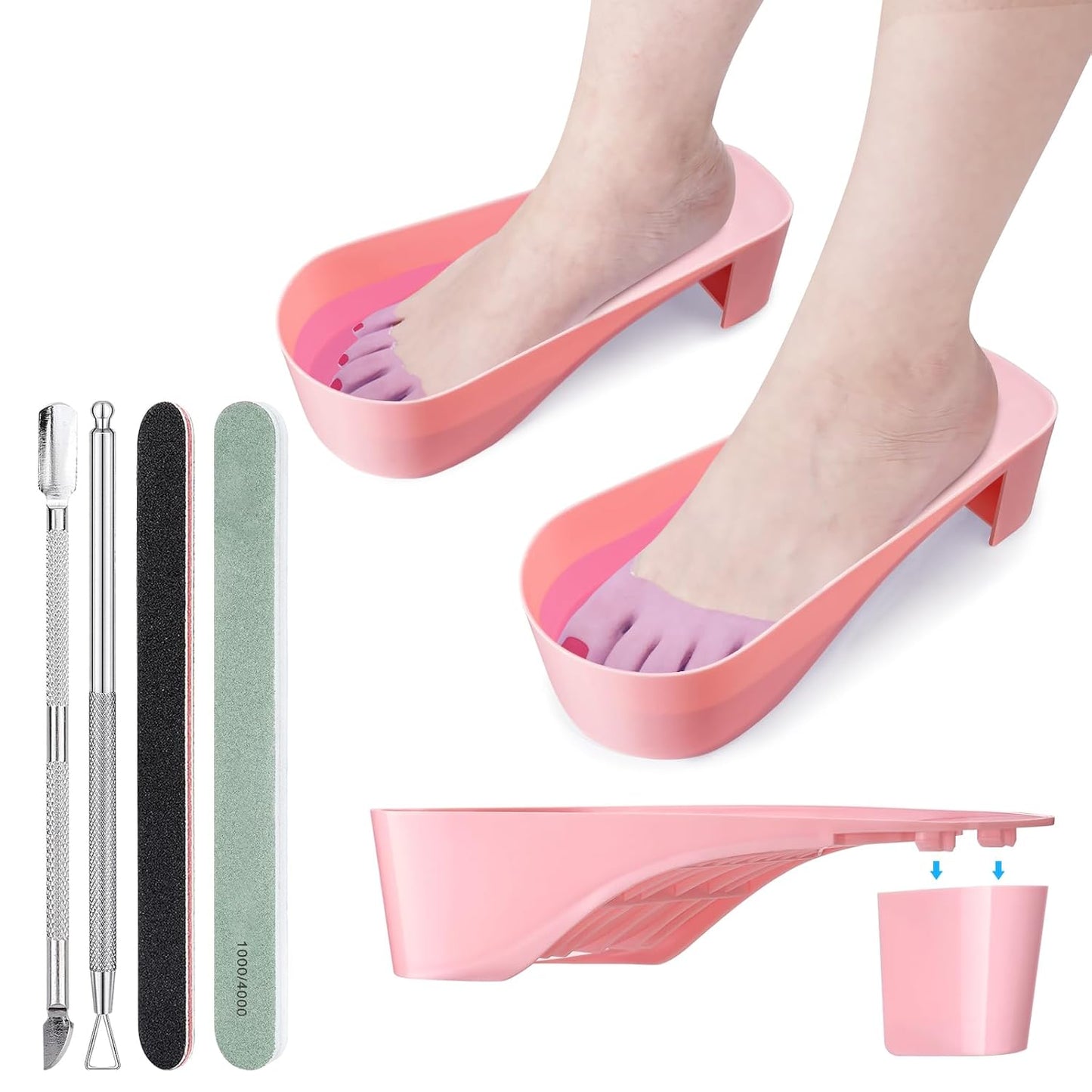 Toe Nail Soaking Bowl Acetone Proof: 1Pair Soak Off Dip Powder Gel Polish Remover - Manicure Bowl for Toenails Soaking with Cuticle Pusher, Cuticle Peeler, Nail File Buffer (Pink)