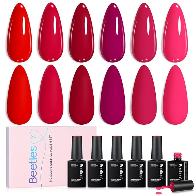 Beetles Red Gel Nail Polish Set - Crimson Horizon 6 Colors Winter Gel Polish Kit Burgundy Bloody Red Pink Colors Soak off UV LED Lamp Needed Manicure DIY Home Gifts for Women