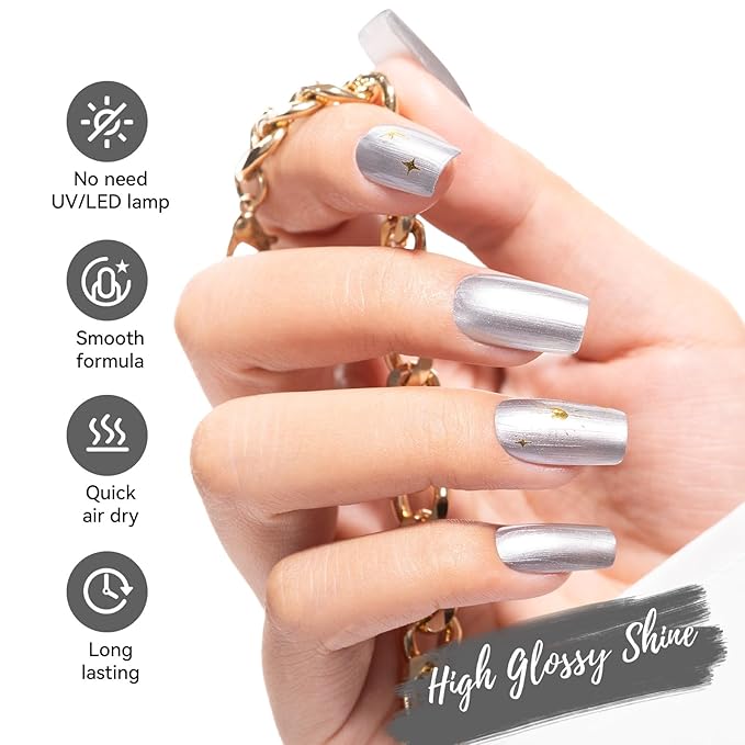 Metallic Silver Nail Polish with Base Top Coat, 3 IN 1 Nail Strengthener Quick Dry Clear Nail Polish Duo, Opaque, Non-Gel, Vegan, Liquid Silver Glossy Chrome Nails Art Gift for Women Girls