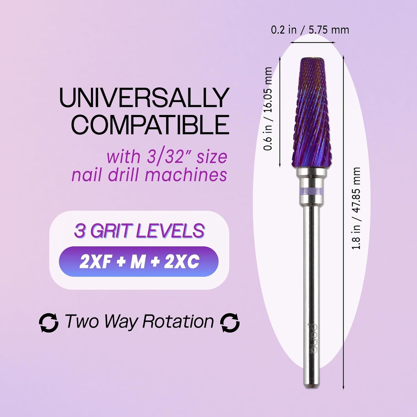 PANA 5-in-1 Pro Upgraded Multi-Function Drill Bit 3/32" Shank Size - (Purple, 2X Coarse to 2X Fine) - Mix Size Tungsten Drill Bit Fast Remove Acrylic Hard Gel Nail for Manicure Pedicure