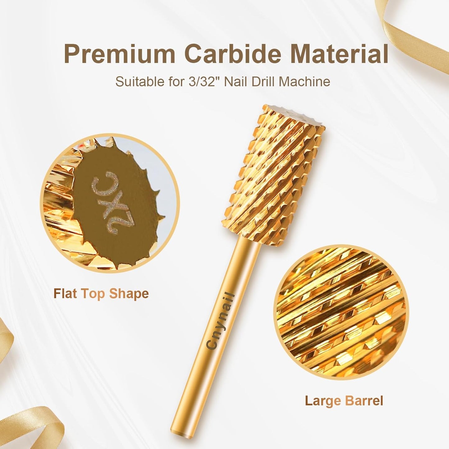 3/32" Large Barrel Flat Top Tungsten Carbide Nail Drill Bit Safety Bit for Gel & Acrylic Removal, 2-Way Rotating Efile Tip, Salon Electric File Accessory (2XC Grit, Gold)