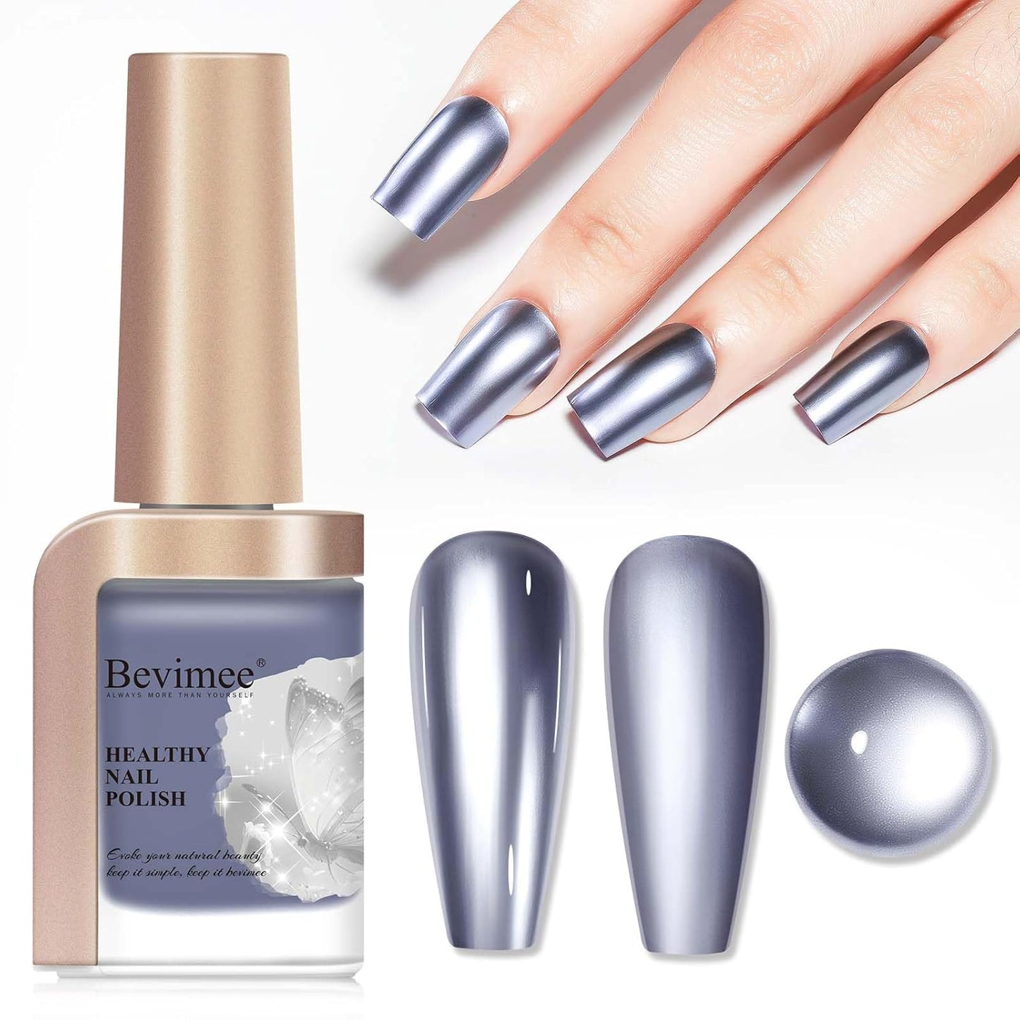 Chrome Nail Polish Metallic Mirror Effect, Air Quick Dry Holographic Nail Lacquer Silver Purple Regular Color for Finger Toe Nail French Manicure Art