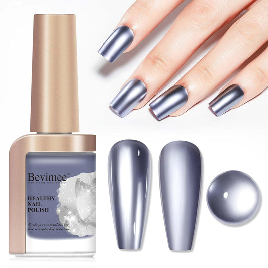 Chrome Nail Polish Metallic Mirror Effect, Air Quick Dry Holographic Nail Lacquer Silver Purple Regular Color for Finger Toe Nail French Manicure Art