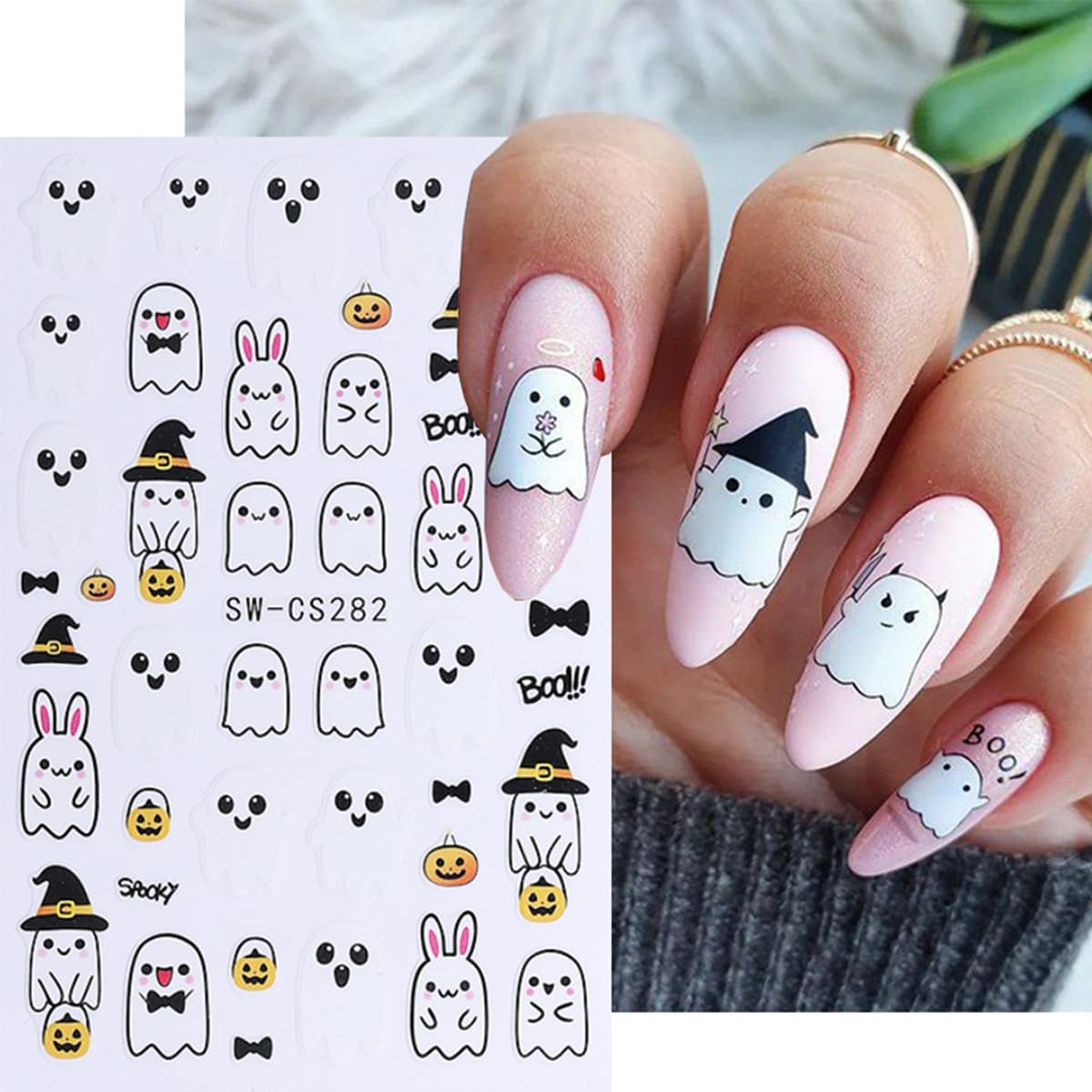 8 Sheets Halloween Nail Art Stickers Decals Cute Ghost Pumpkin Black Cat Bat Spider Web Design Nail Stickers Supply 3D Self-Adhesive Nail Decals for Halloween Party Nails Decoration DIY Manicure Tips