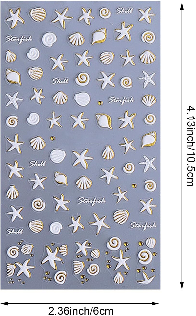 5D Embossed Beach Nail Art Stickers, 4 Pack, White Gold Shell Starfish Design, Self-Adhesive Ocean Theme Decals for Summer Manicure Decoration