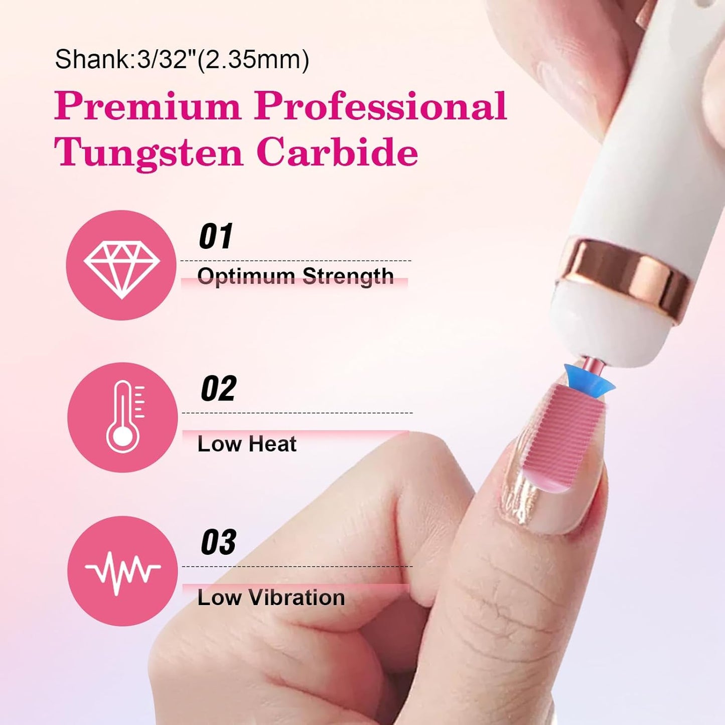 3/32" Large Barrel Smooth Round Top Tungsten Carbide Nail Drill Bit Safety Bit for Gel & Acrylic Removal, 2-Way Rotating Efile Tip, Salon Electric File Accessory (M Grit, Rose Red)
