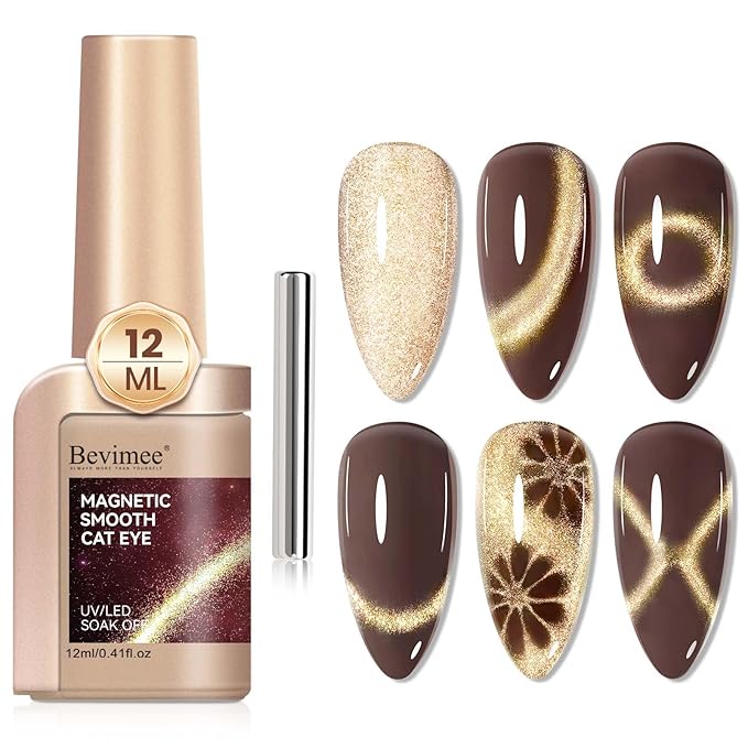 Cat Eye Gel Nail Polish, Brown Magnetic Gel Polish, Glitter Holographic Nail With Magnet Shimmer Cateye Effect Art Manicure Salon DIY Home, 12ML